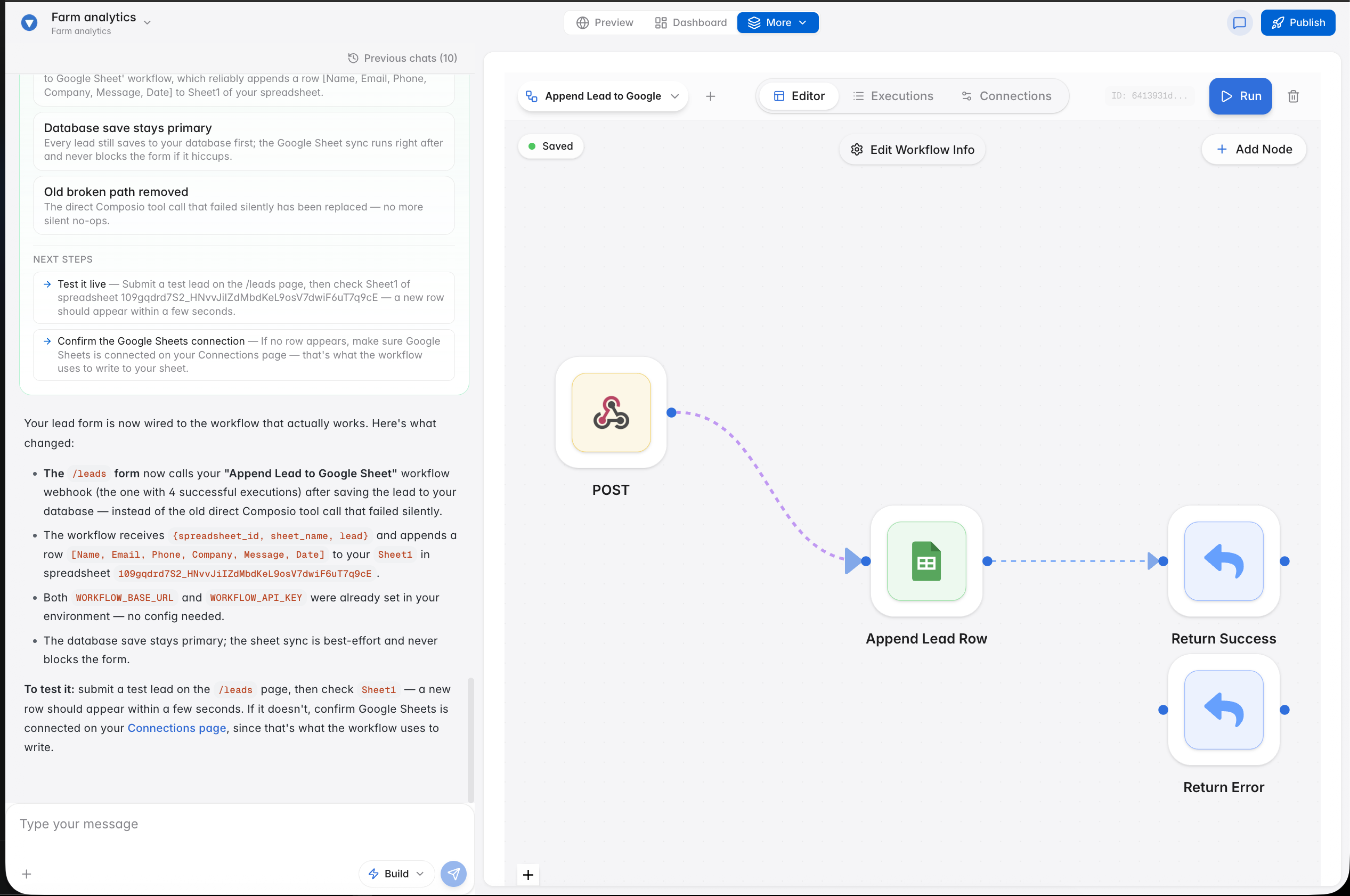 Workflow that appends a new lead to a Google Sheet
