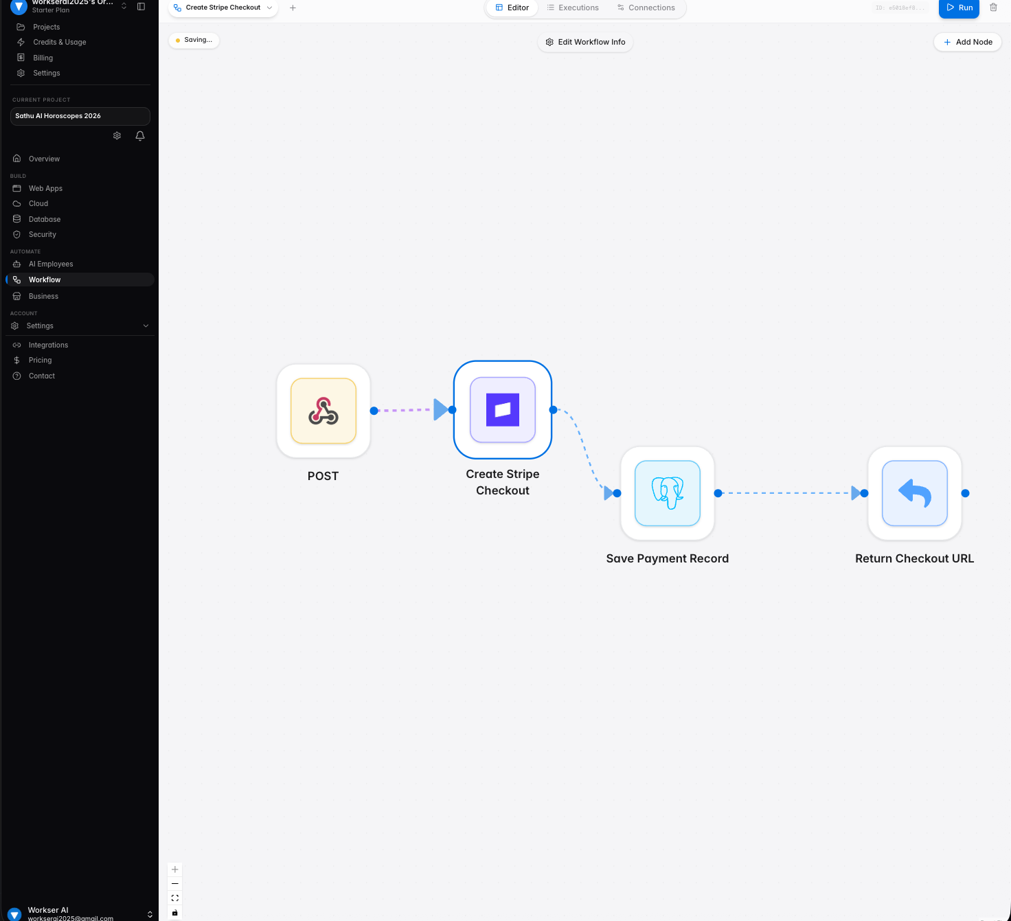 Workflow that creates a Stripe checkout and saves the payment record